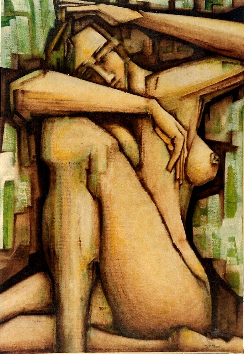 figura femminile scomposta, fondo verde marrone